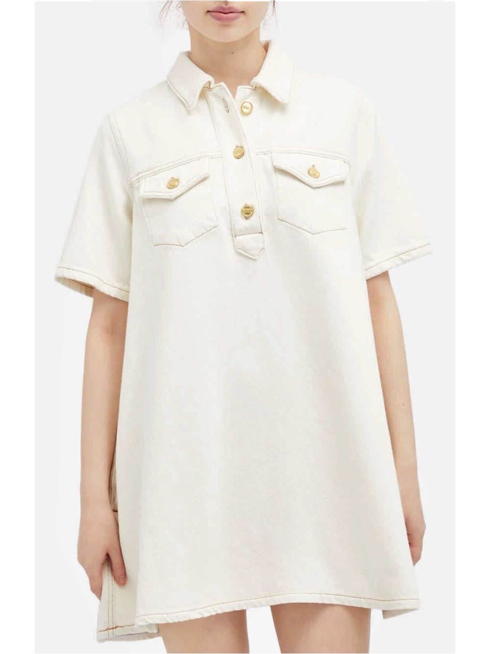 GANNI Heavy Denim Mini Dress in Egret - White Loose Fit Short Sleeve Mini Dress